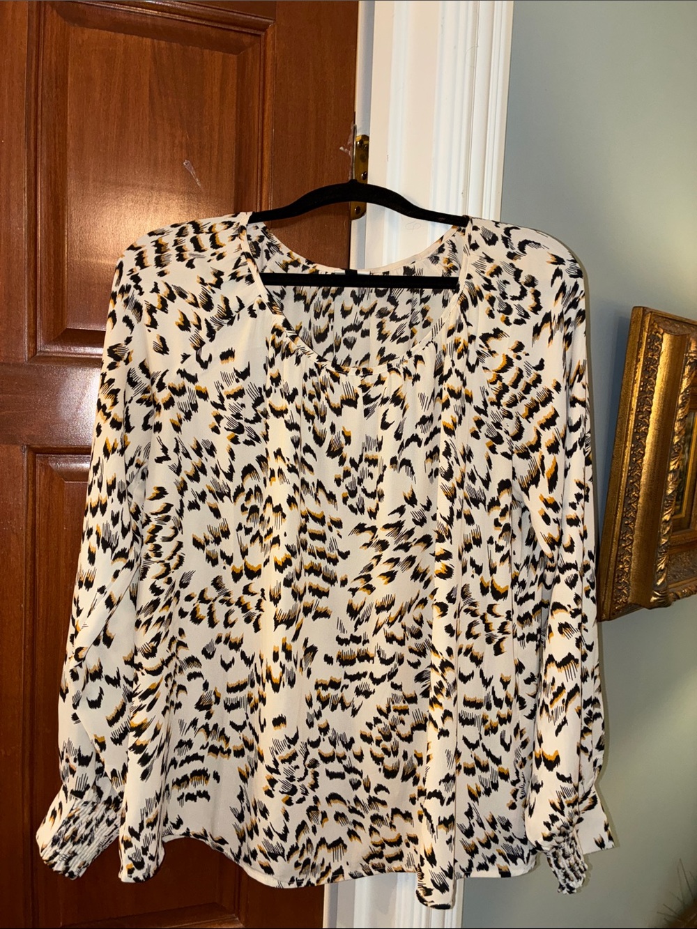 CAbi Cream Blouse with Black and Gold Abstract Print